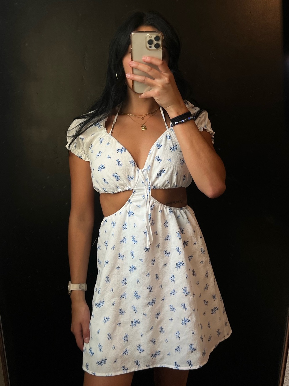 Divided White Mini Dress with Blue Floral Print
